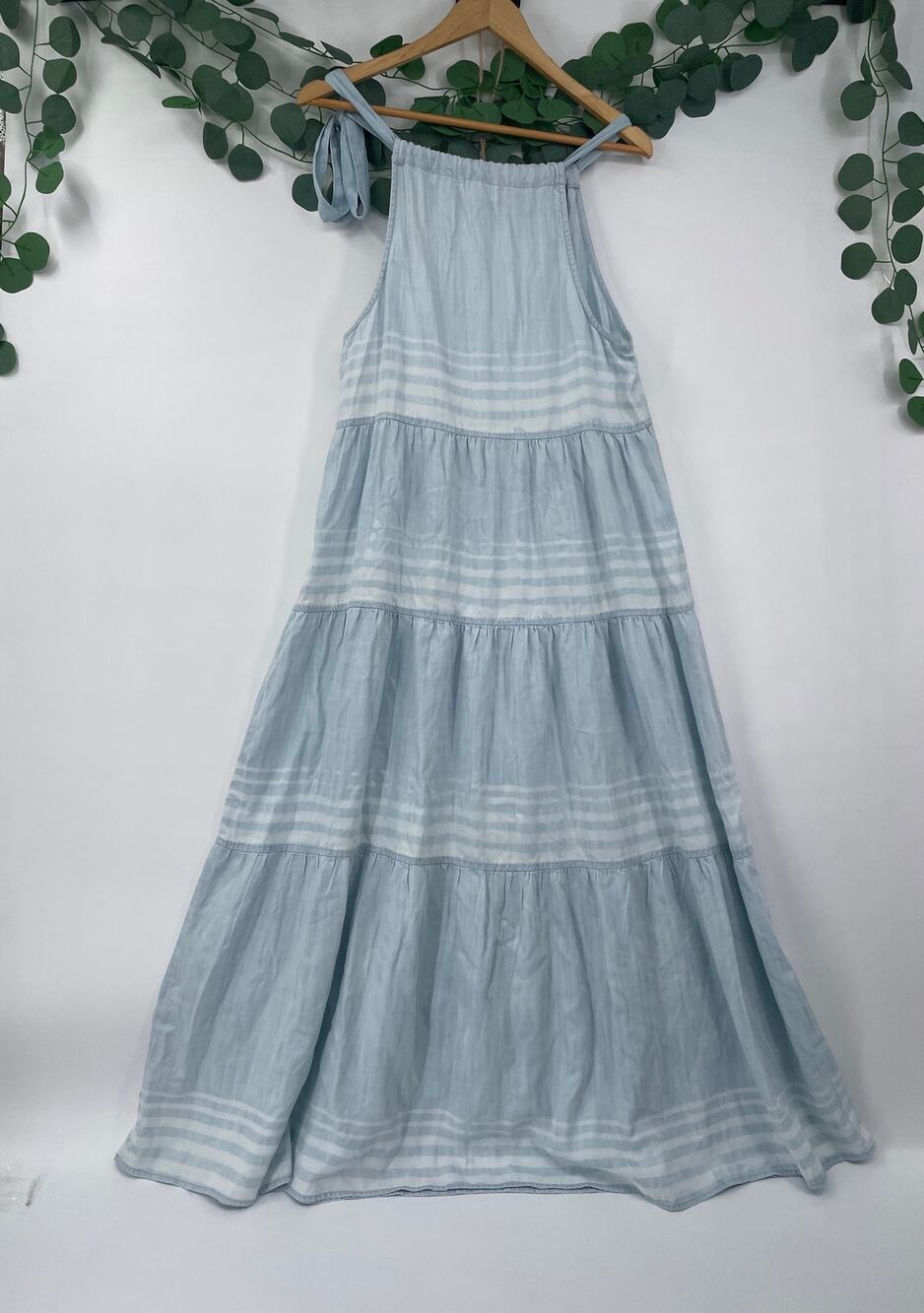 Bella Dahl Tiered Halter Midi Summer Cottage Core Amalfi Stripe Blue Dress Small